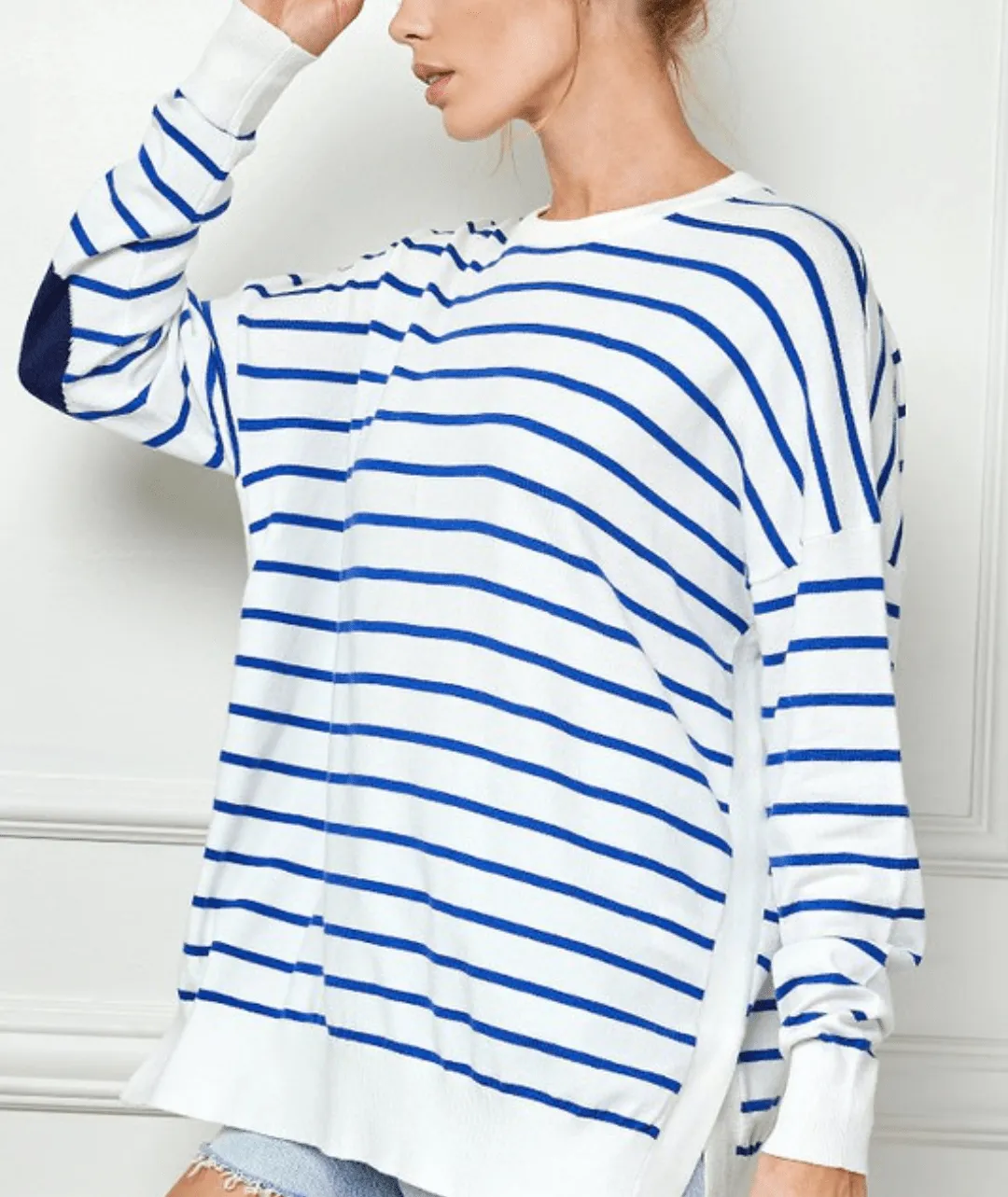 Geri Bright Striped Ivory Sweater w/Elbow Patches