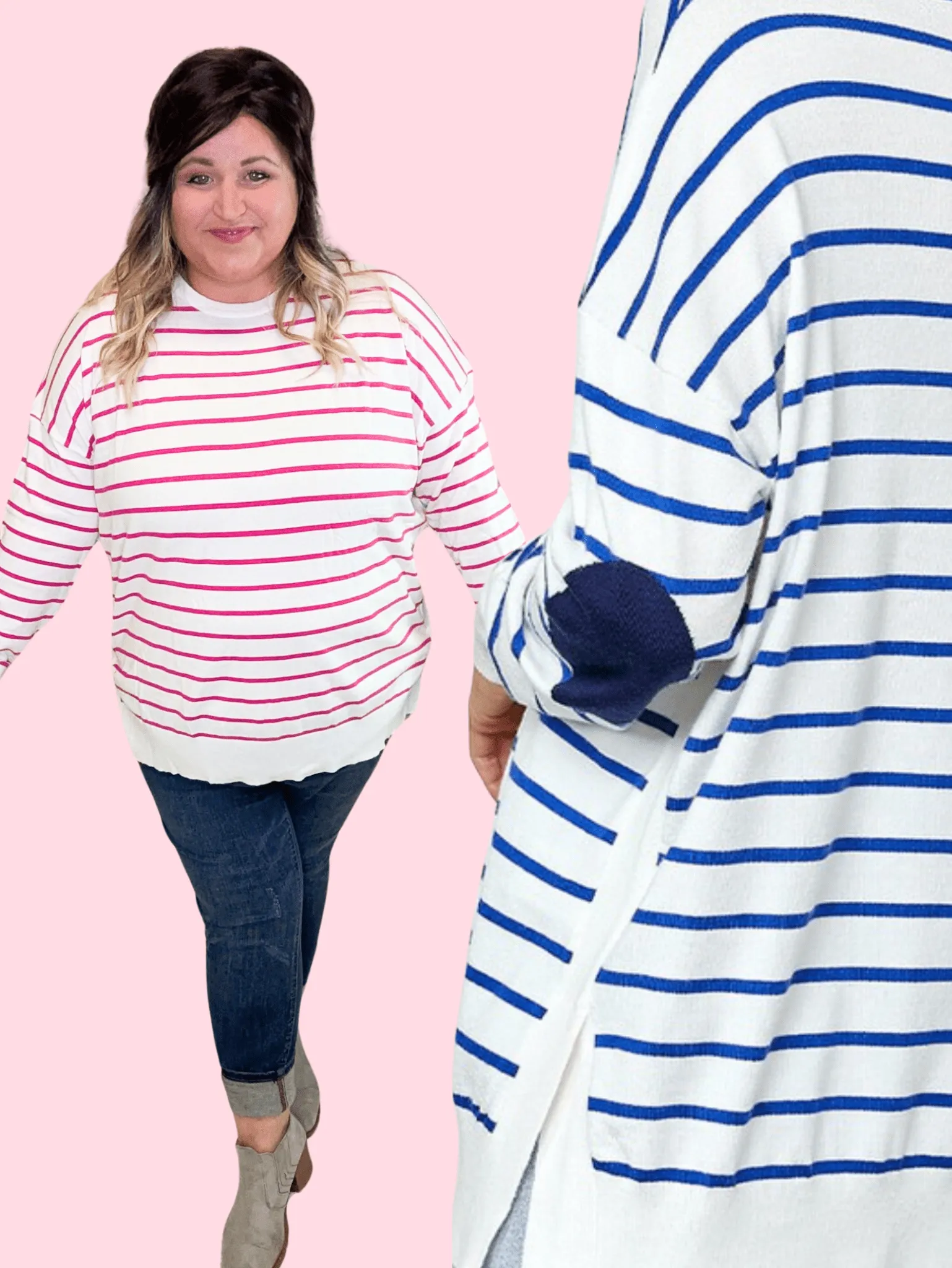 Geri Bright Striped Ivory Sweater w/Elbow Patches