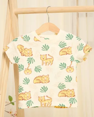 Girls Cream Tiger Printed T-Shirt