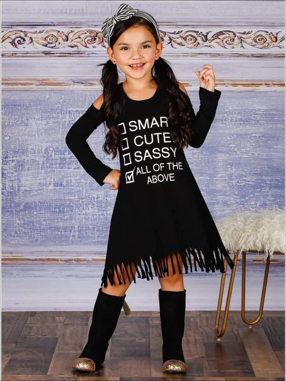 Girls "Smart, Cute, Sassy, All of the Above" Checklist Cold Shoulder Fringe Graphic Statement Dress