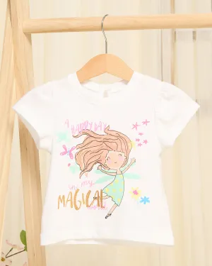 Girls White Magical World Printed T-Shirt