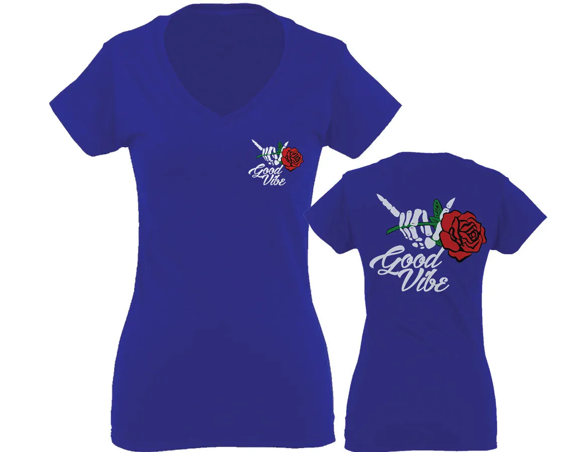 Good Vibe Flowers Bones Hand Shaka Cool Vintage Hipster For Women V neck fitted T Shirt