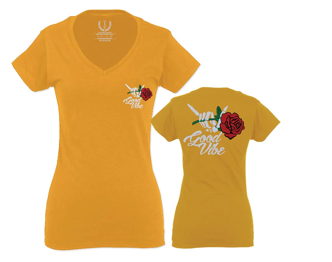 Good Vibe Flowers Bones Hand Shaka Cool Vintage Hipster For Women V neck fitted T Shirt