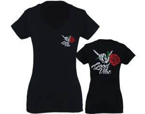 Good Vibe Flowers Bones Hand Shaka Cool Vintage Hipster For Women V neck fitted T Shirt