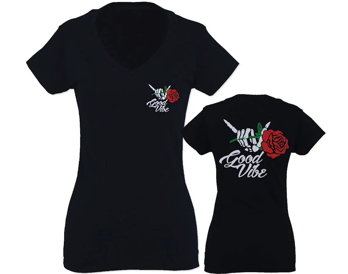 Good Vibe Flowers Bones Hand Shaka Cool Vintage Hipster For Women V neck fitted T Shirt