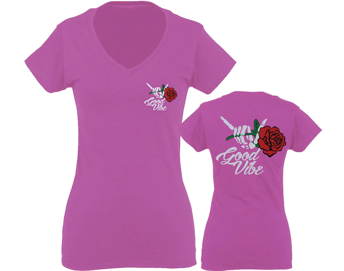 Good Vibe Flowers Bones Hand Shaka Cool Vintage Hipster For Women V neck fitted T Shirt