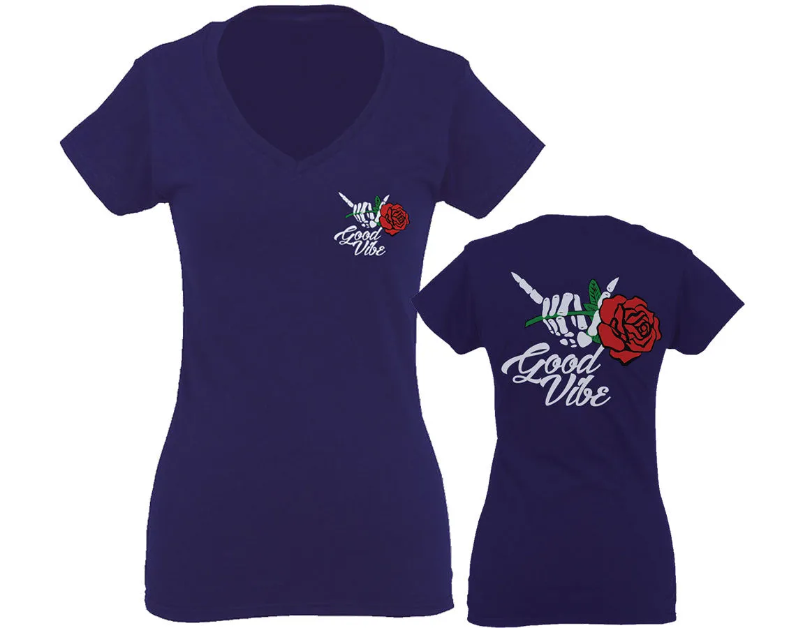 Good Vibe Flowers Bones Hand Shaka Cool Vintage Hipster For Women V neck fitted T Shirt