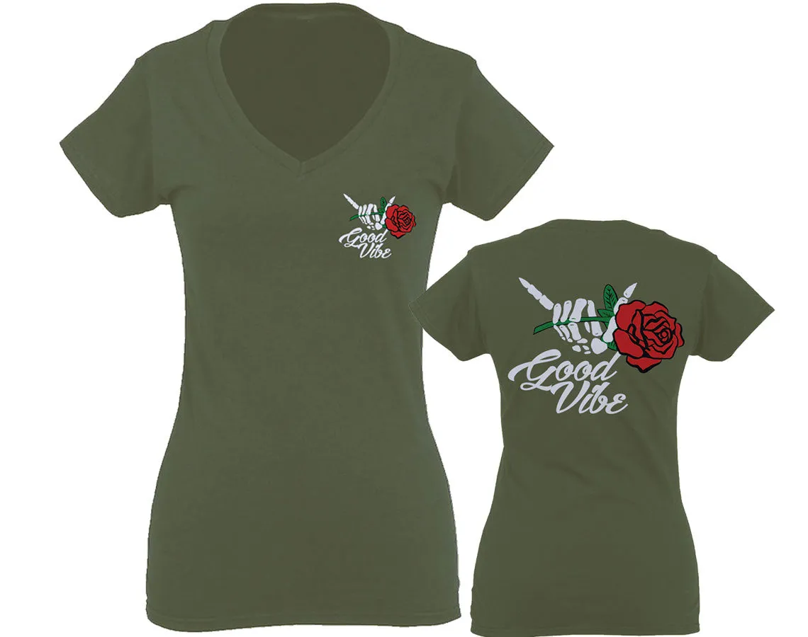 Good Vibe Flowers Bones Hand Shaka Cool Vintage Hipster For Women V neck fitted T Shirt