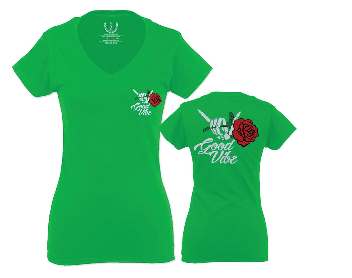 Good Vibe Flowers Bones Hand Shaka Cool Vintage Hipster For Women V neck fitted T Shirt