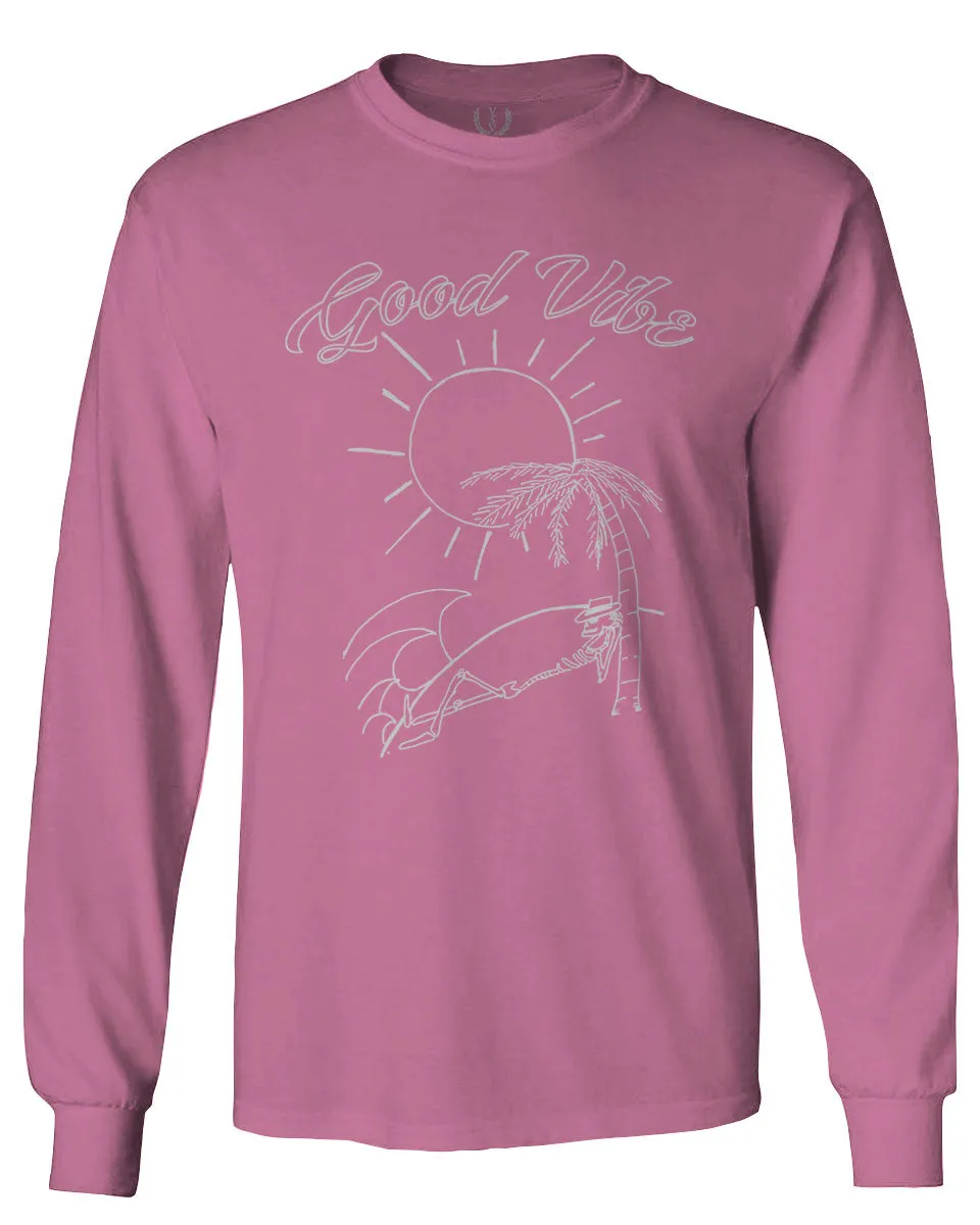 Good Vibe Summer Vintage Retro Beach surf Palm Tree Vacation Skeleton mens Long sleeve t shirt