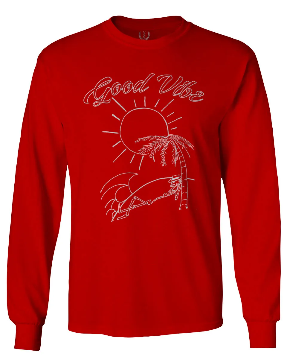 Good Vibe Summer Vintage Retro Beach surf Palm Tree Vacation Skeleton mens Long sleeve t shirt