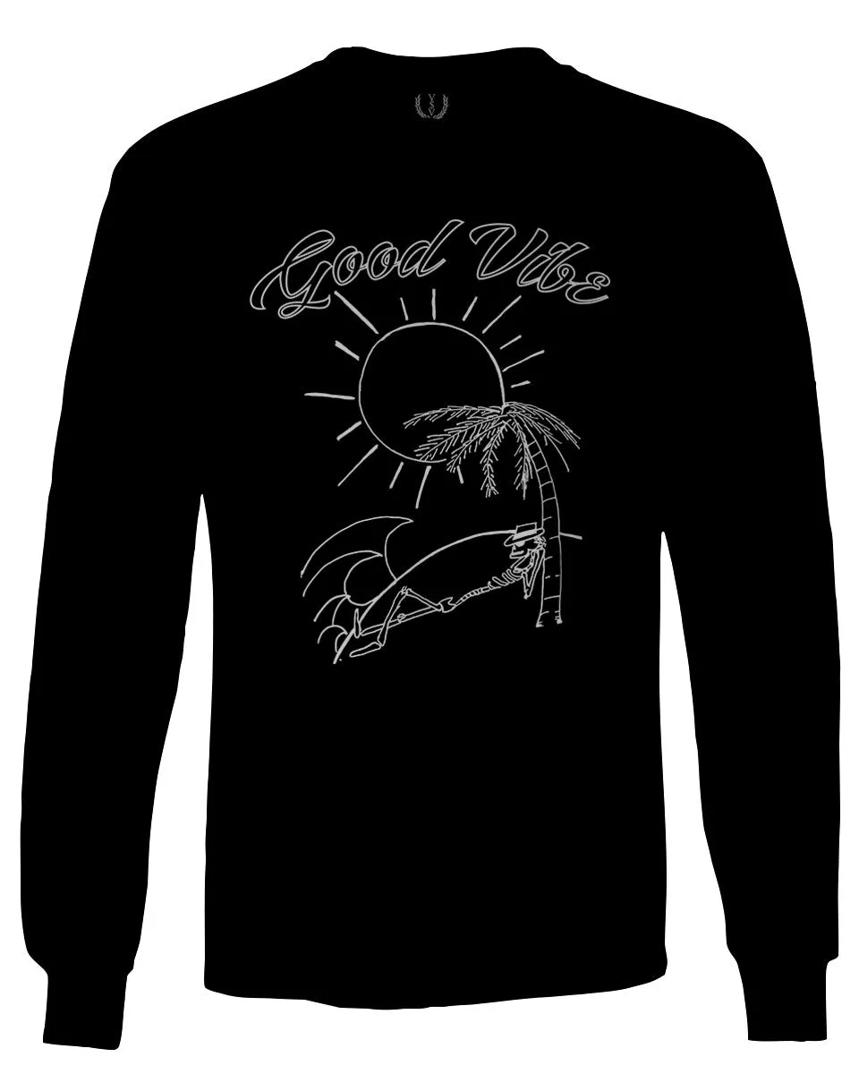 Good Vibe Summer Vintage Retro Beach surf Palm Tree Vacation Skeleton mens Long sleeve t shirt