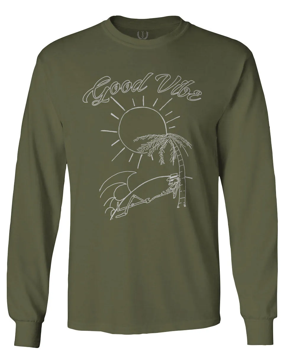 Good Vibe Summer Vintage Retro Beach surf Palm Tree Vacation Skeleton mens Long sleeve t shirt