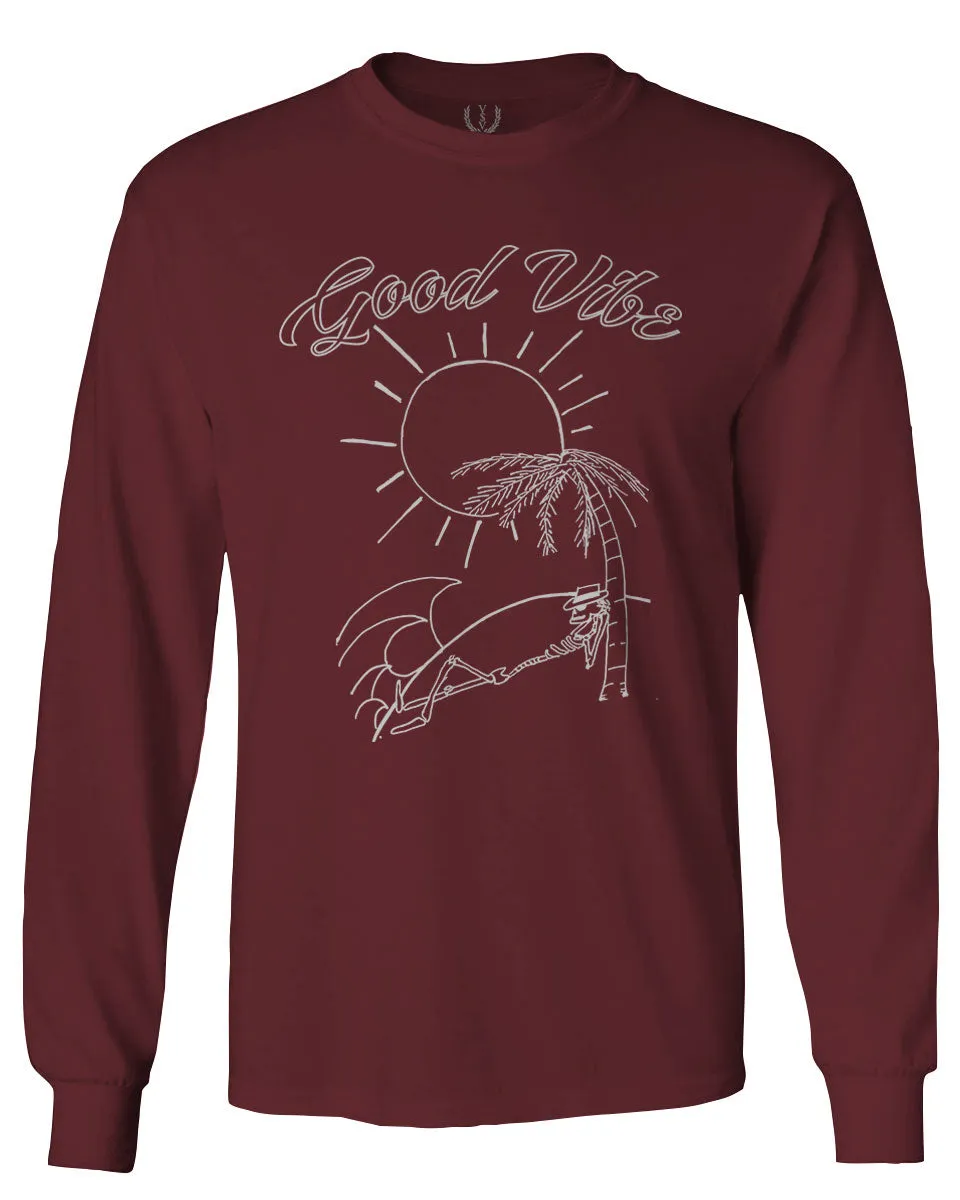 Good Vibe Summer Vintage Retro Beach surf Palm Tree Vacation Skeleton mens Long sleeve t shirt