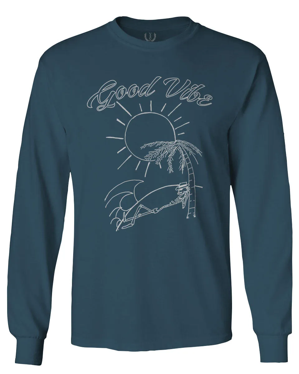 Good Vibe Summer Vintage Retro Beach surf Palm Tree Vacation Skeleton mens Long sleeve t shirt