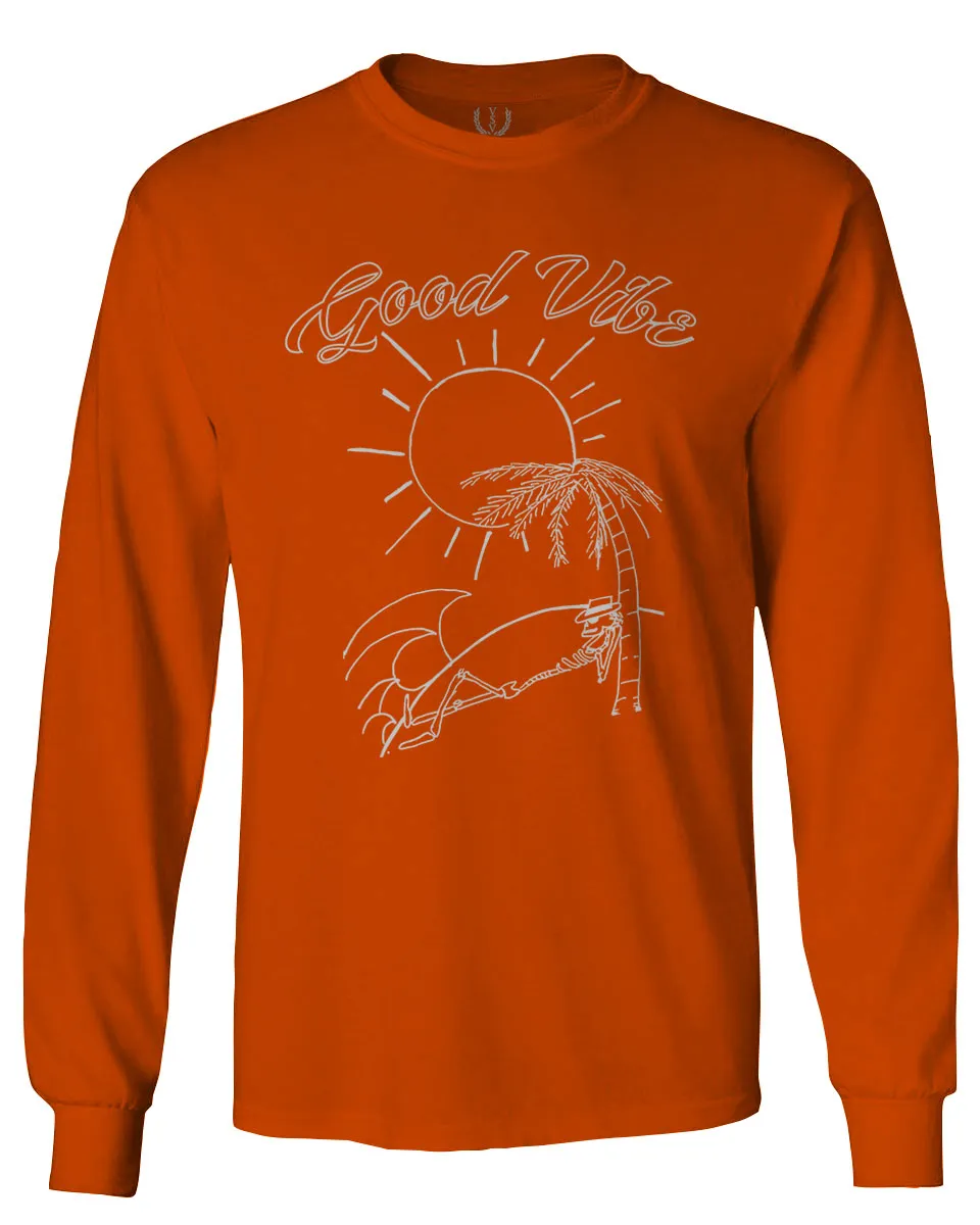 Good Vibe Summer Vintage Retro Beach surf Palm Tree Vacation Skeleton mens Long sleeve t shirt