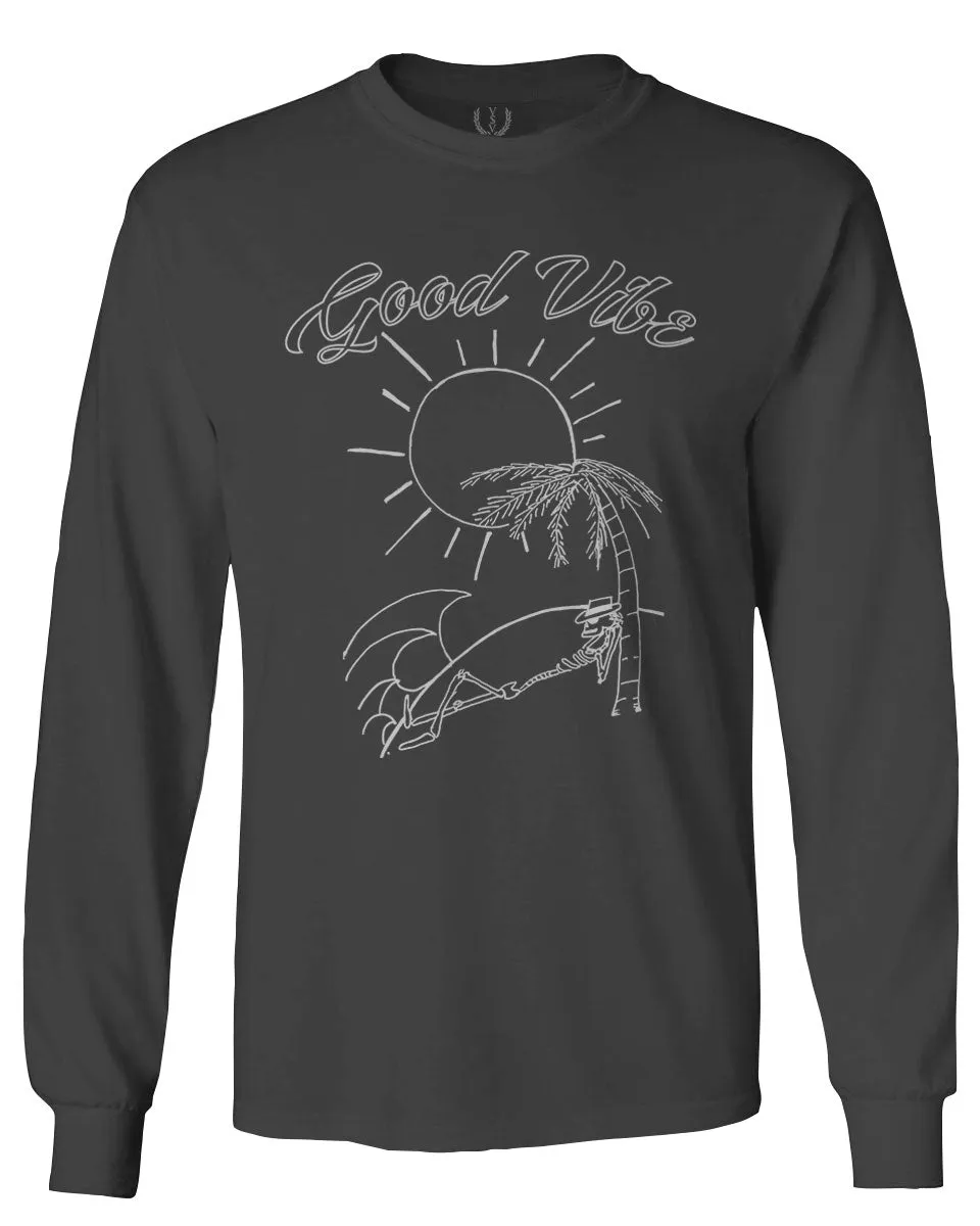 Good Vibe Summer Vintage Retro Beach surf Palm Tree Vacation Skeleton mens Long sleeve t shirt