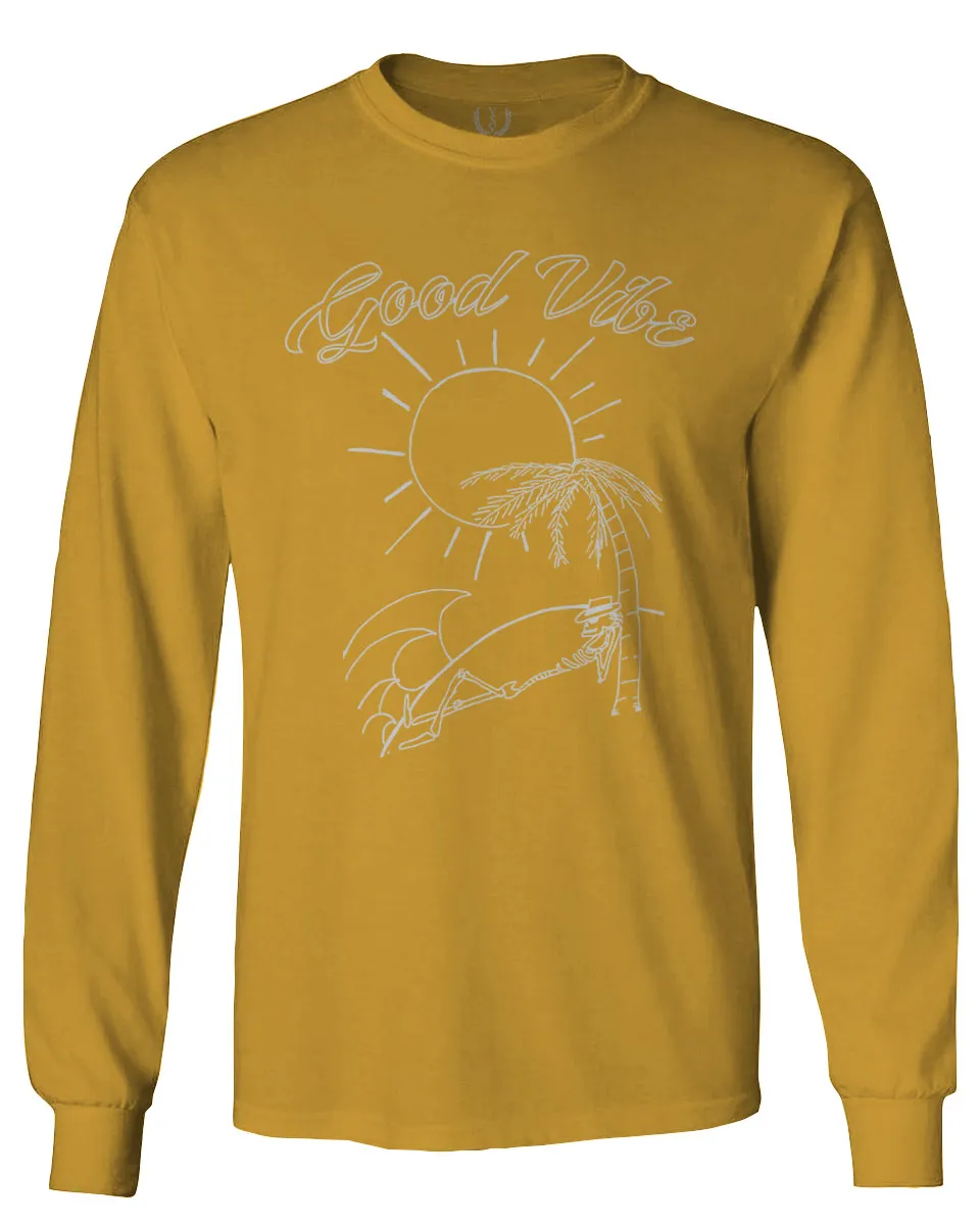 Good Vibe Summer Vintage Retro Beach surf Palm Tree Vacation Skeleton mens Long sleeve t shirt