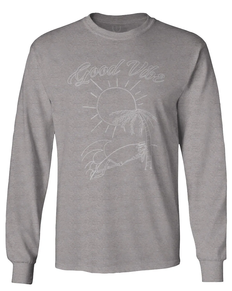 Good Vibe Summer Vintage Retro Beach surf Palm Tree Vacation Skeleton mens Long sleeve t shirt