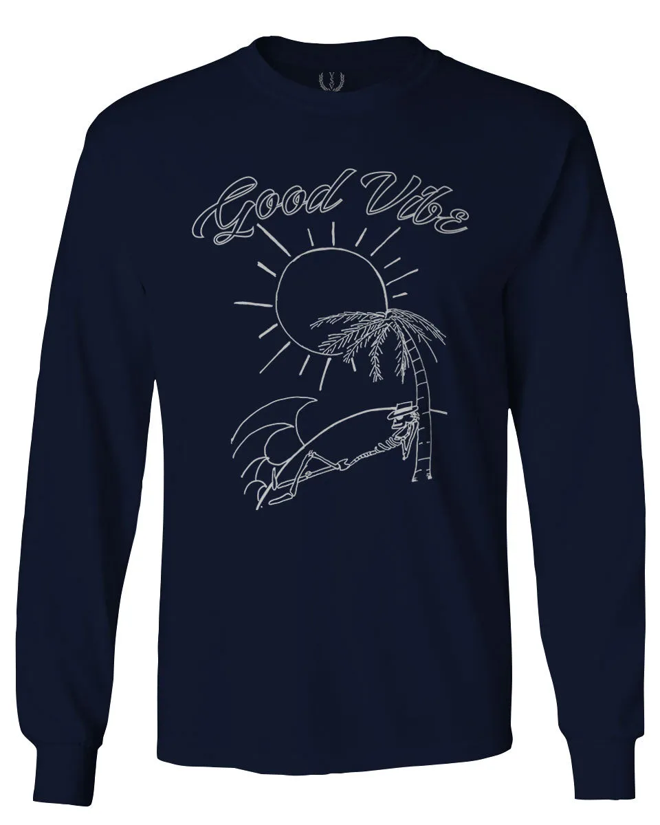 Good Vibe Summer Vintage Retro Beach surf Palm Tree Vacation Skeleton mens Long sleeve t shirt