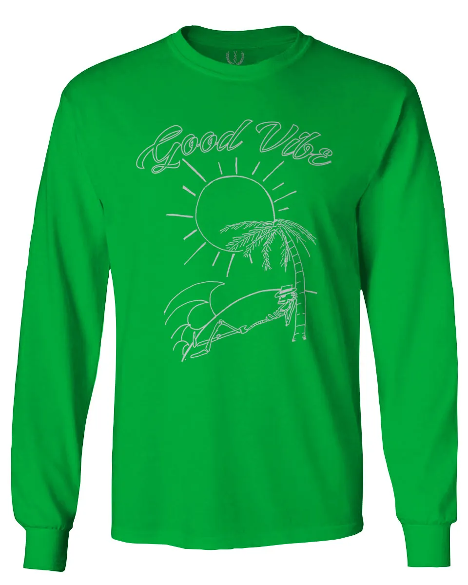 Good Vibe Summer Vintage Retro Beach surf Palm Tree Vacation Skeleton mens Long sleeve t shirt