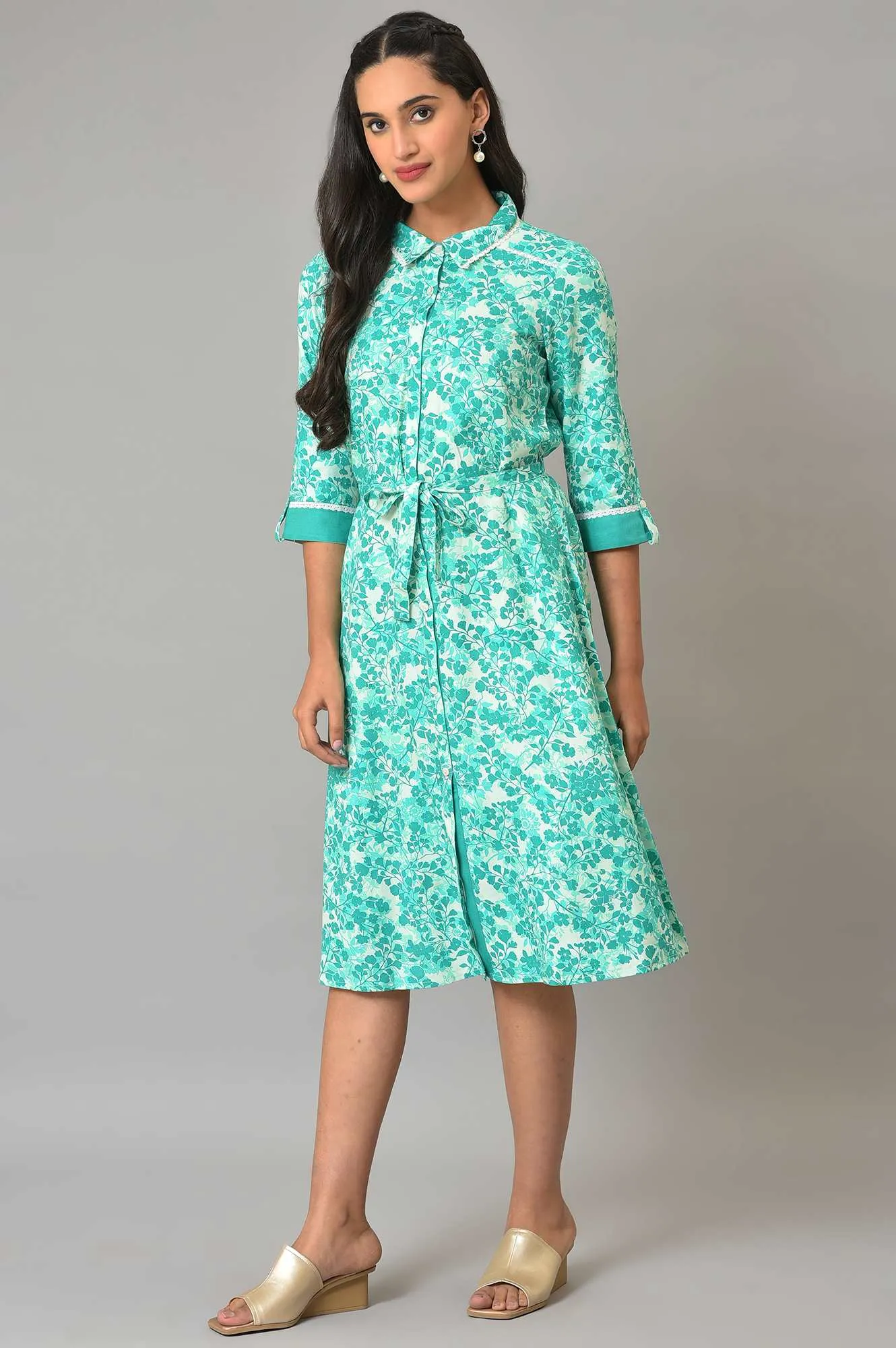 Green Cotton Floral Printed Summer Dress