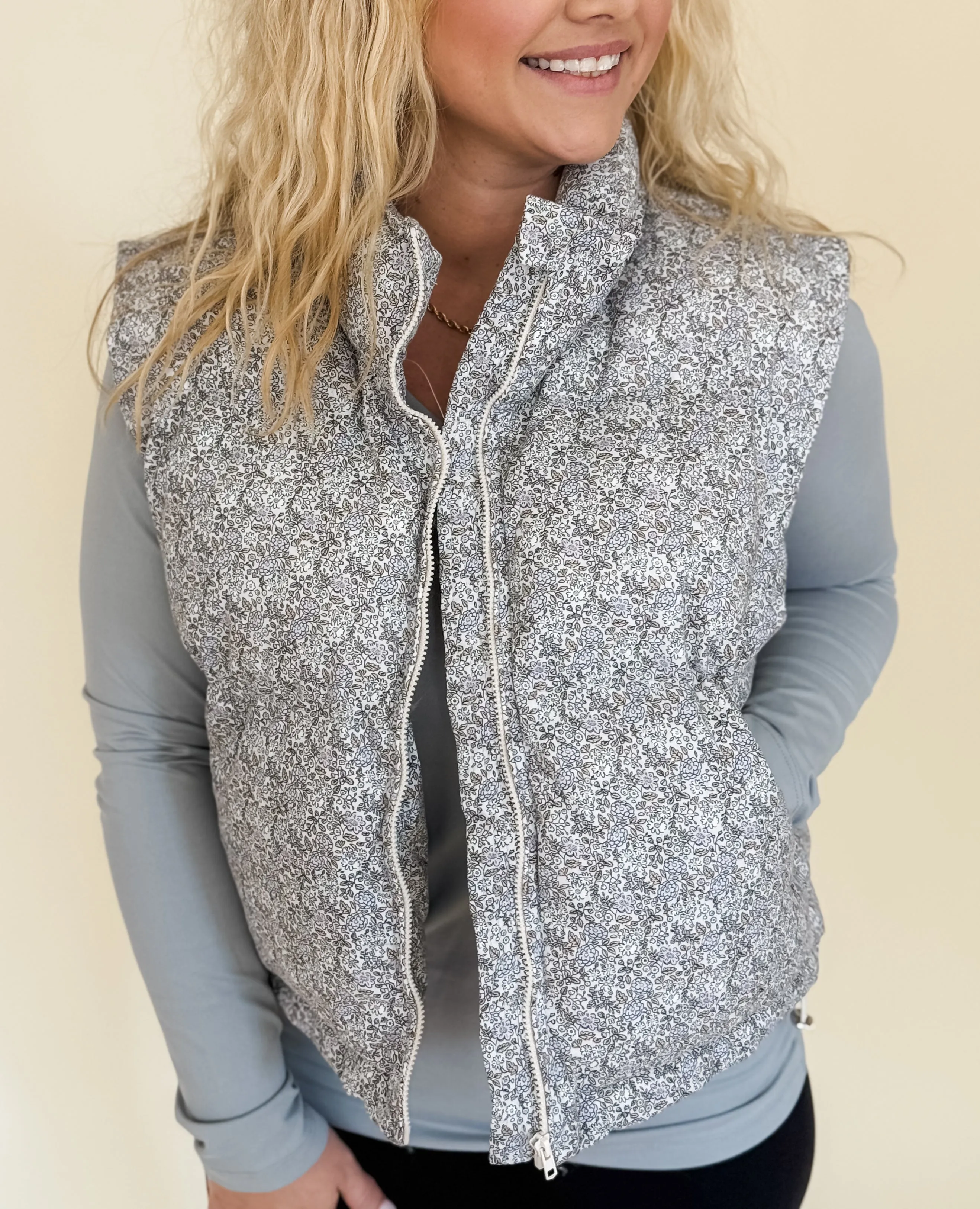 Hailey High Neck Floral Puffer Vest - Lavender