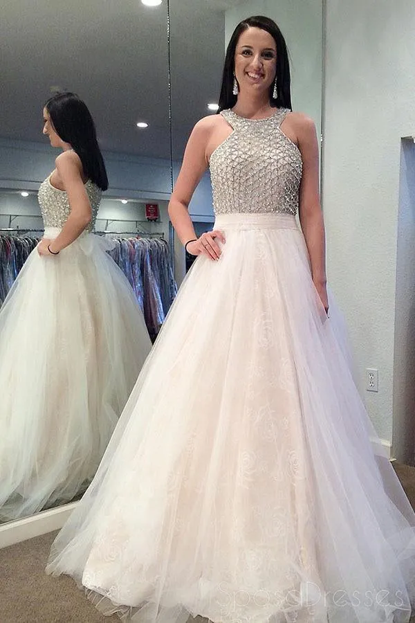 Halter Beaded Ivory A-line Cheap Evening Prom Dresses, Sweet 16 Dresses, 17496