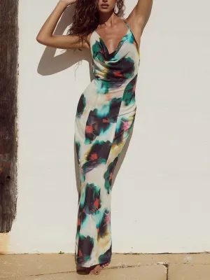 Halter Neck Tie Resort Graceful Style Print Mixi Dress