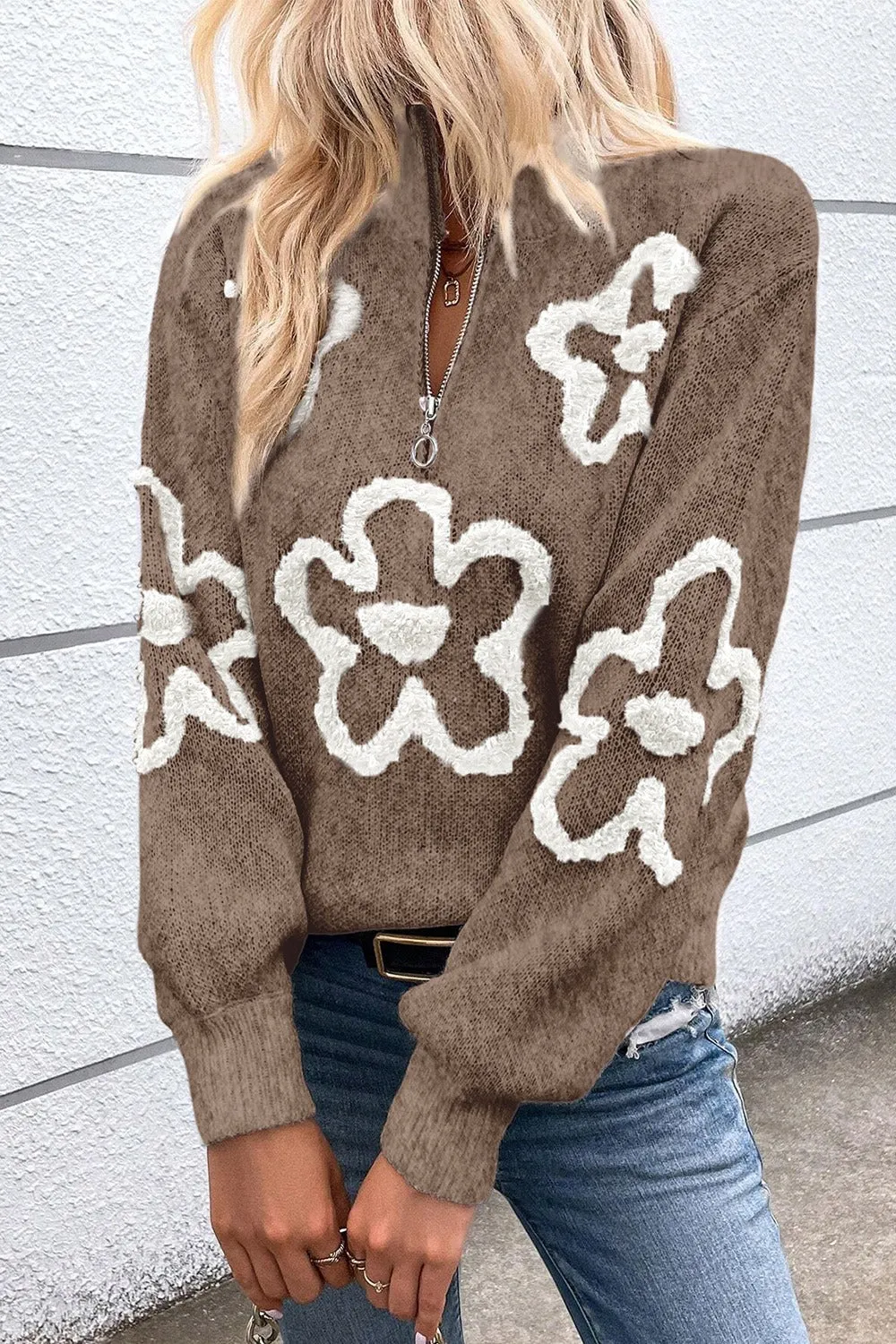 Haven Flower Half Zip Dropped Shoulder Sweater
