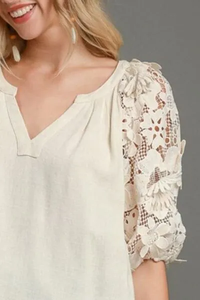 Hazel Blues® | Umgee French Terry Boxy Cut Top with 3D Floral Sleeve