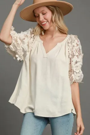 Hazel Blues® | Umgee French Terry Boxy Cut Top with 3D Floral Sleeve