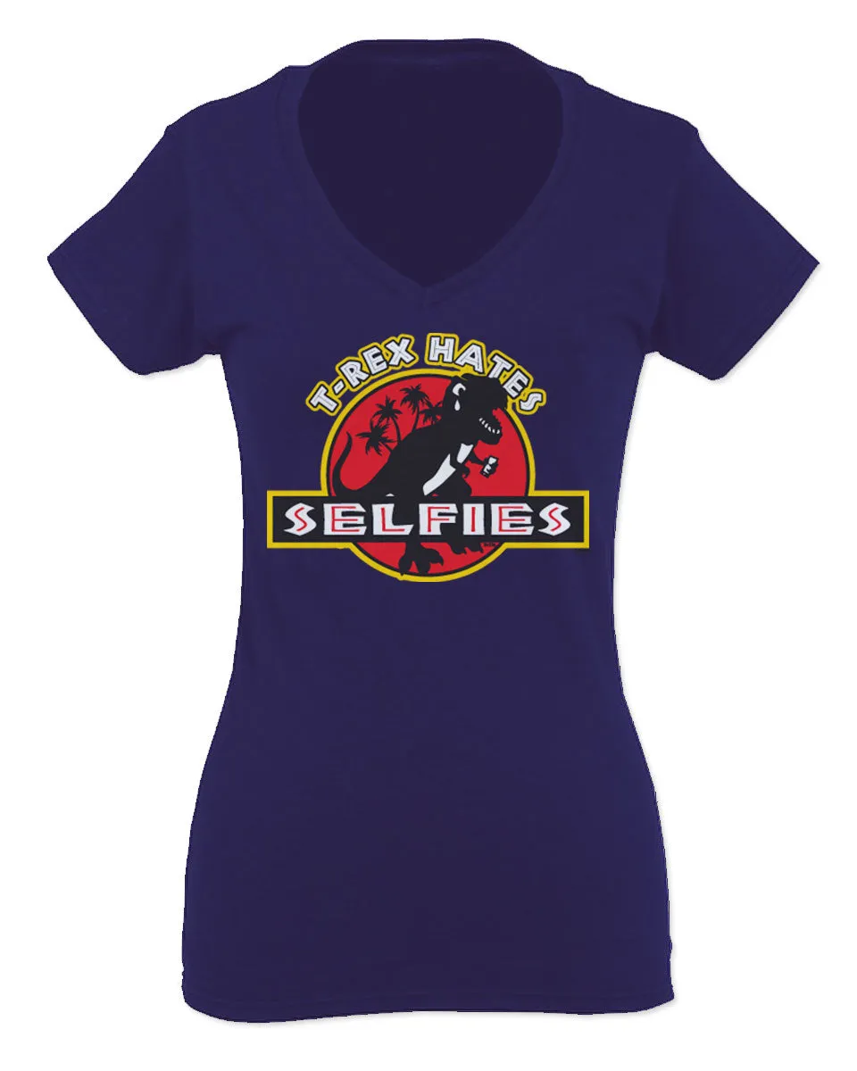 Hilarious Funny Cool Graphic T Rex Dinosaur Hates Selfies no Like For Women V neck fitted T Shirt