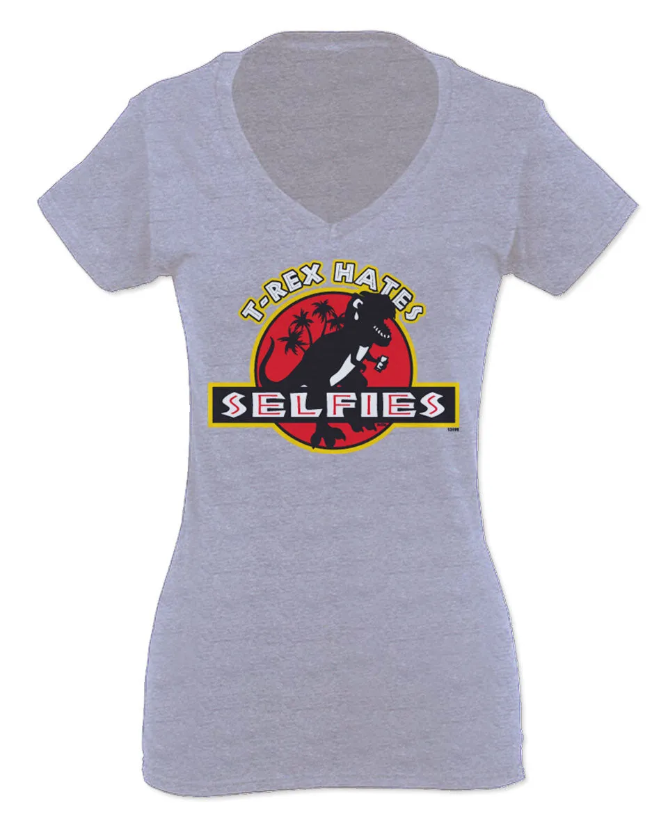 Hilarious Funny Cool Graphic T Rex Dinosaur Hates Selfies no Like For Women V neck fitted T Shirt