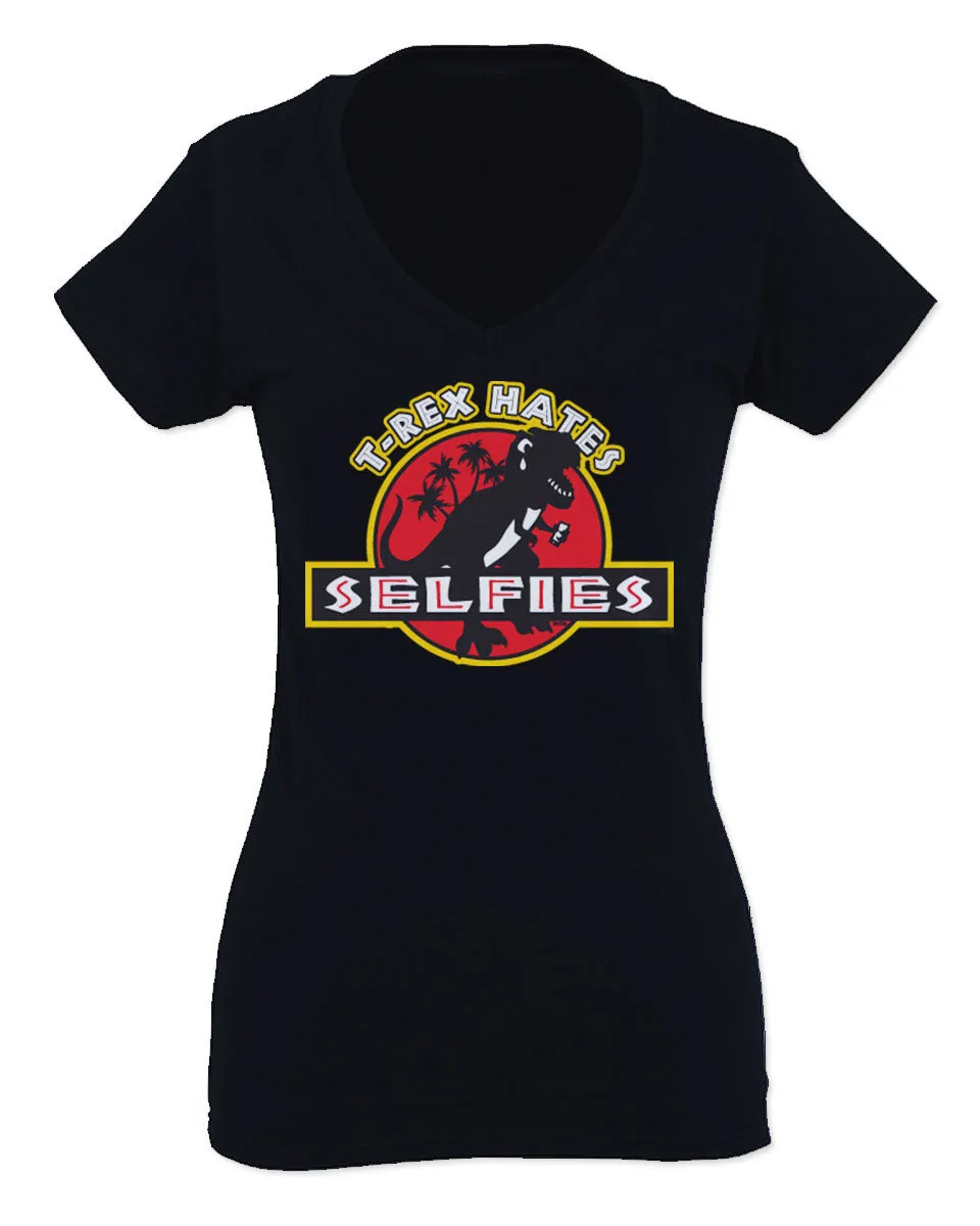 Hilarious Funny Cool Graphic T Rex Dinosaur Hates Selfies no Like For Women V neck fitted T Shirt