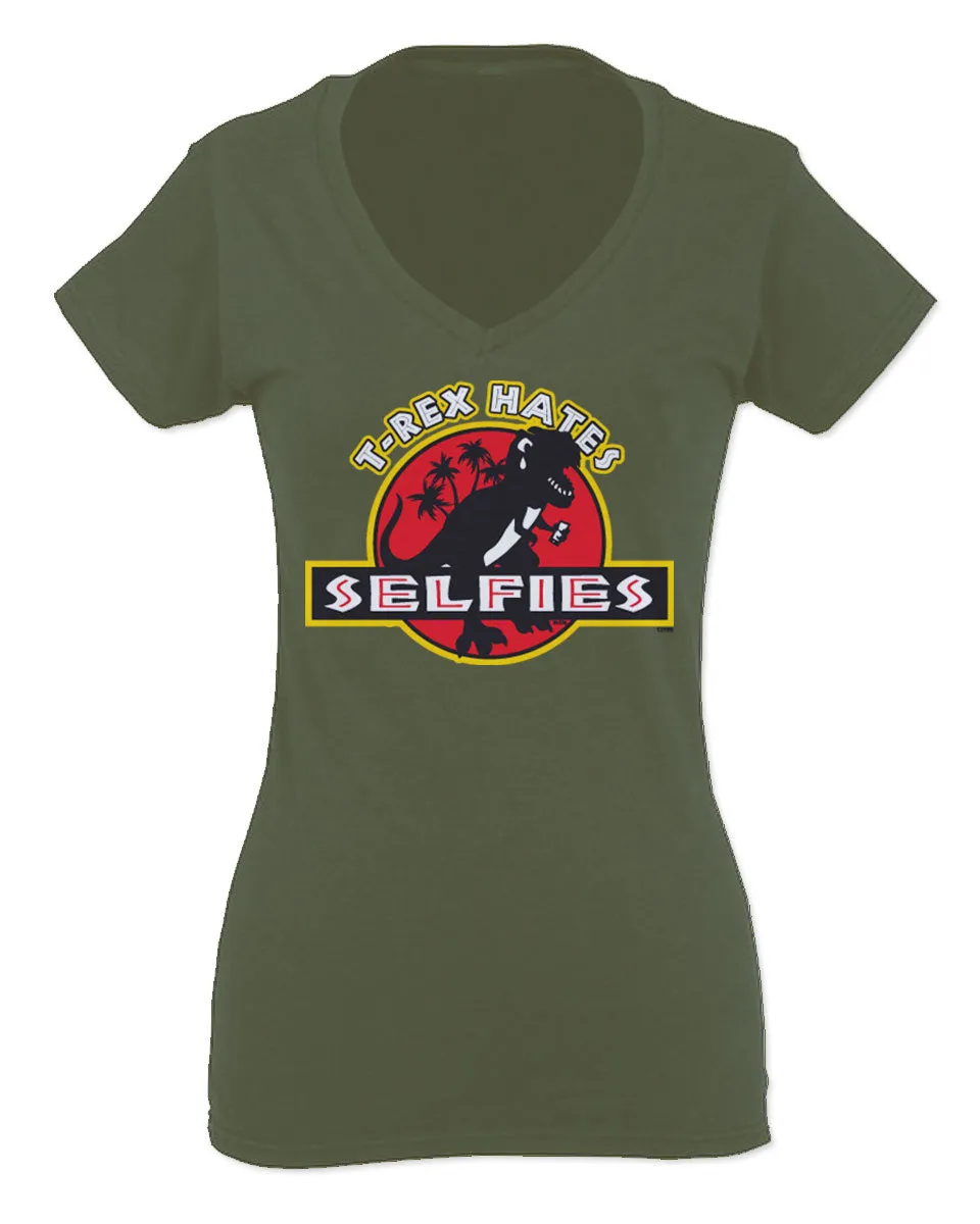 Hilarious Funny Cool Graphic T Rex Dinosaur Hates Selfies no Like For Women V neck fitted T Shirt