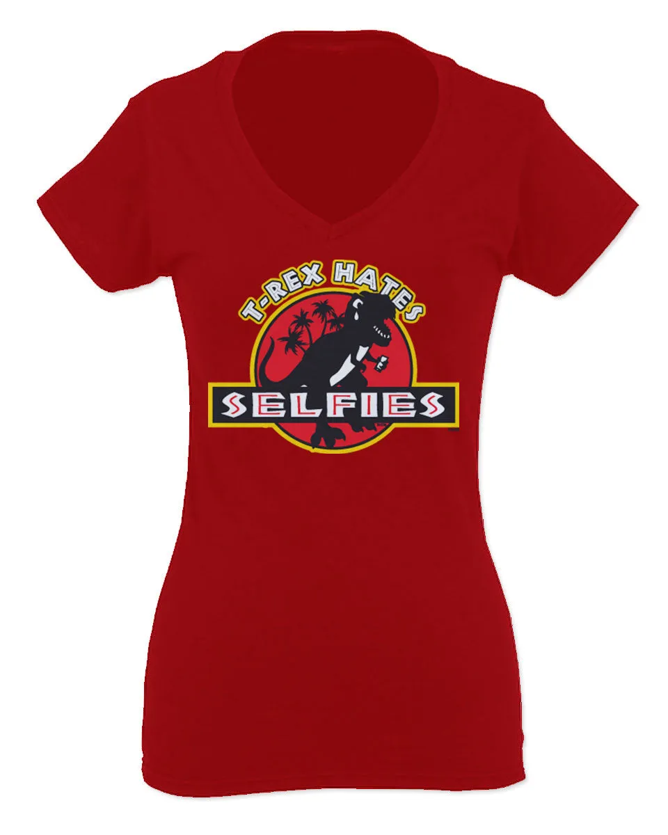 Hilarious Funny Cool Graphic T Rex Dinosaur Hates Selfies no Like For Women V neck fitted T Shirt