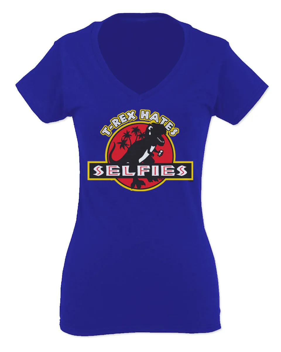 Hilarious Funny Cool Graphic T Rex Dinosaur Hates Selfies no Like For Women V neck fitted T Shirt
