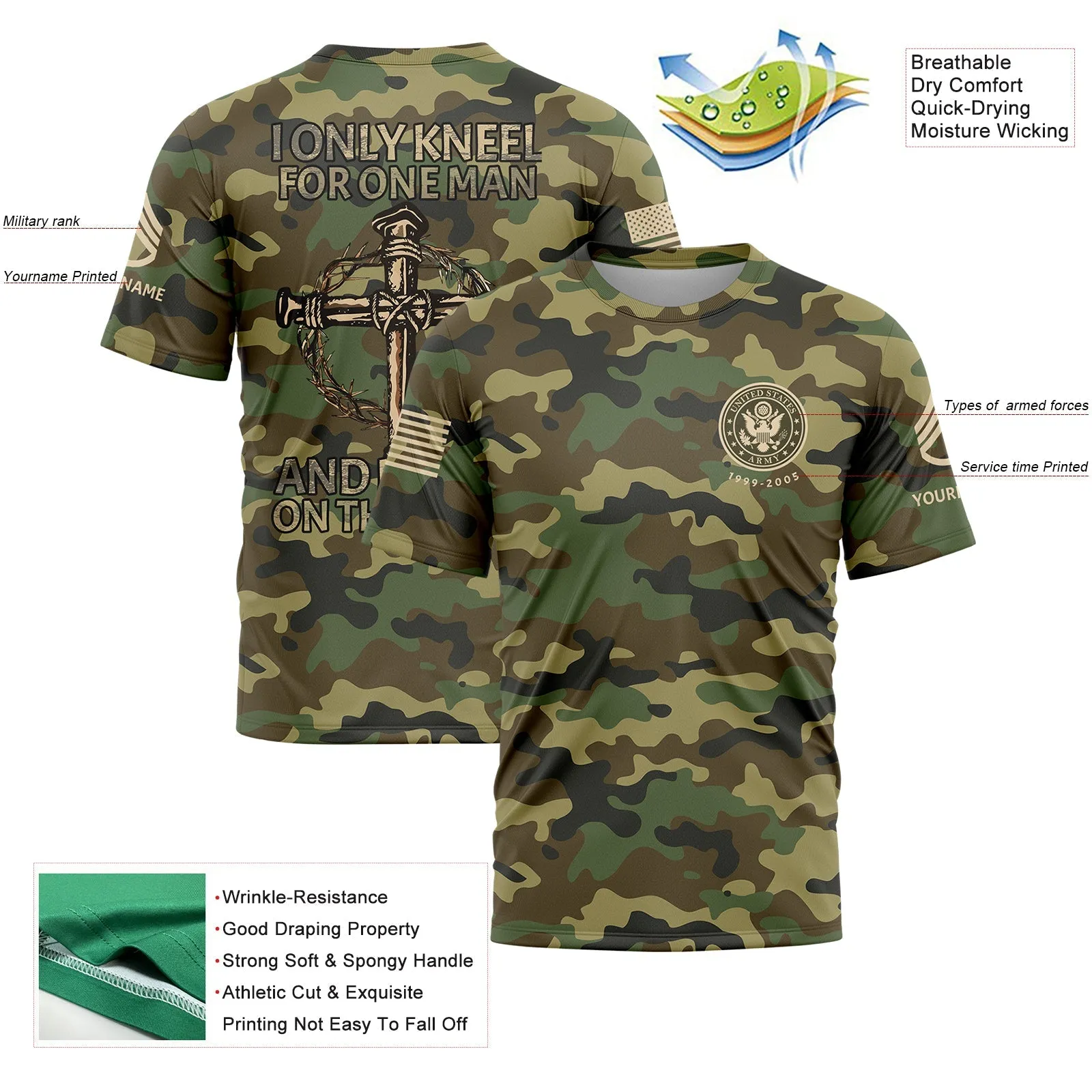 I Only kneel For One Man And He Died On The Cross Custom Camo U.S Army Military Rank Staff sergeant Veteran Name T-Shirt | Father's Day Gifts