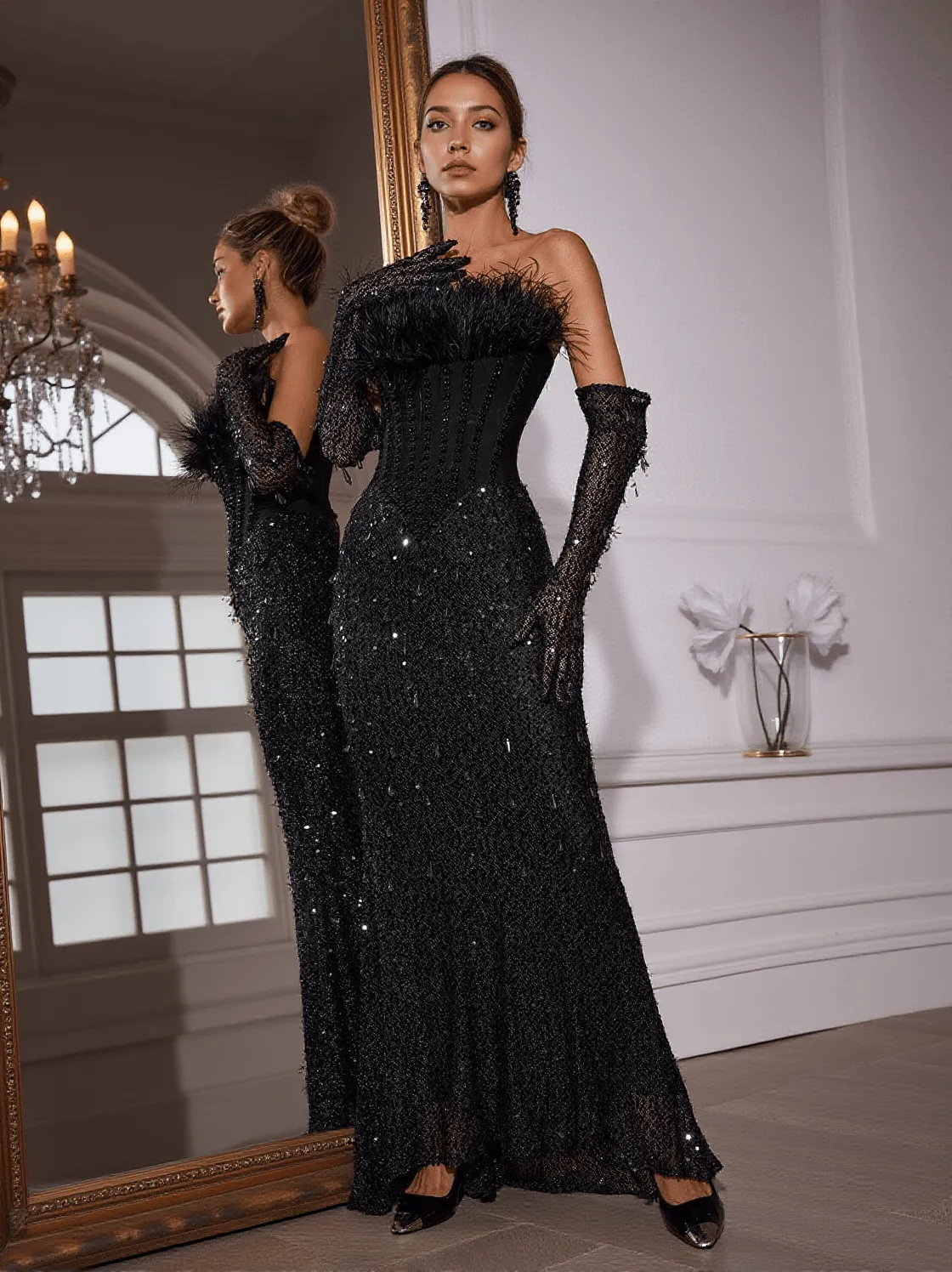 Inaki Corset Feather Sequin Maxi Dress With Gloves