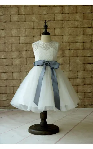 Ivory Lace Tulle Flower Girl Dress With Sash and Bow-ET_401640