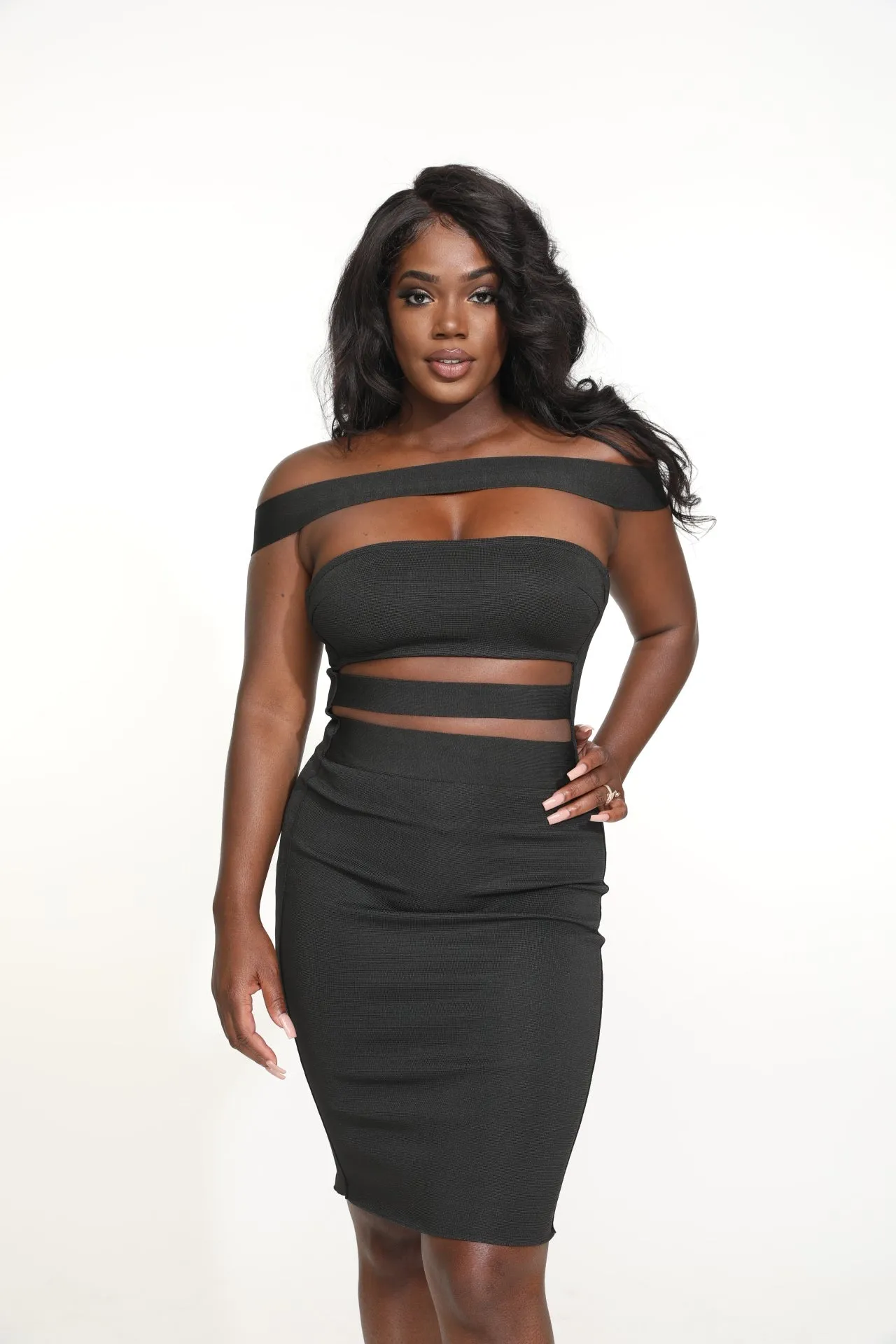 Khloe Off Shoulder Bandage Dress - Black