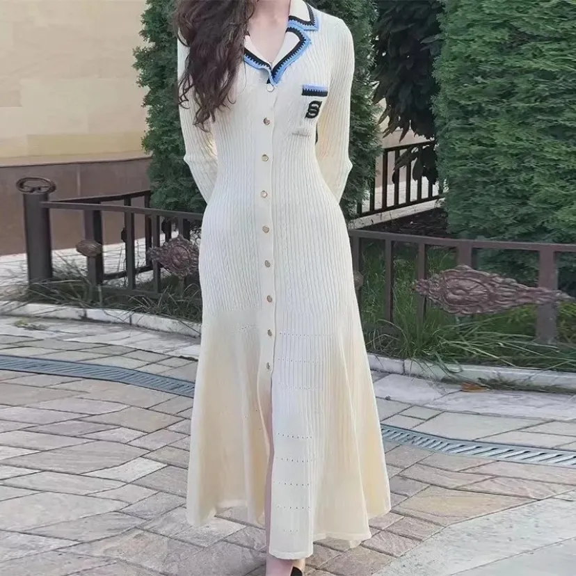 Knitted dress with collar and buttons, women's knitted dresses
