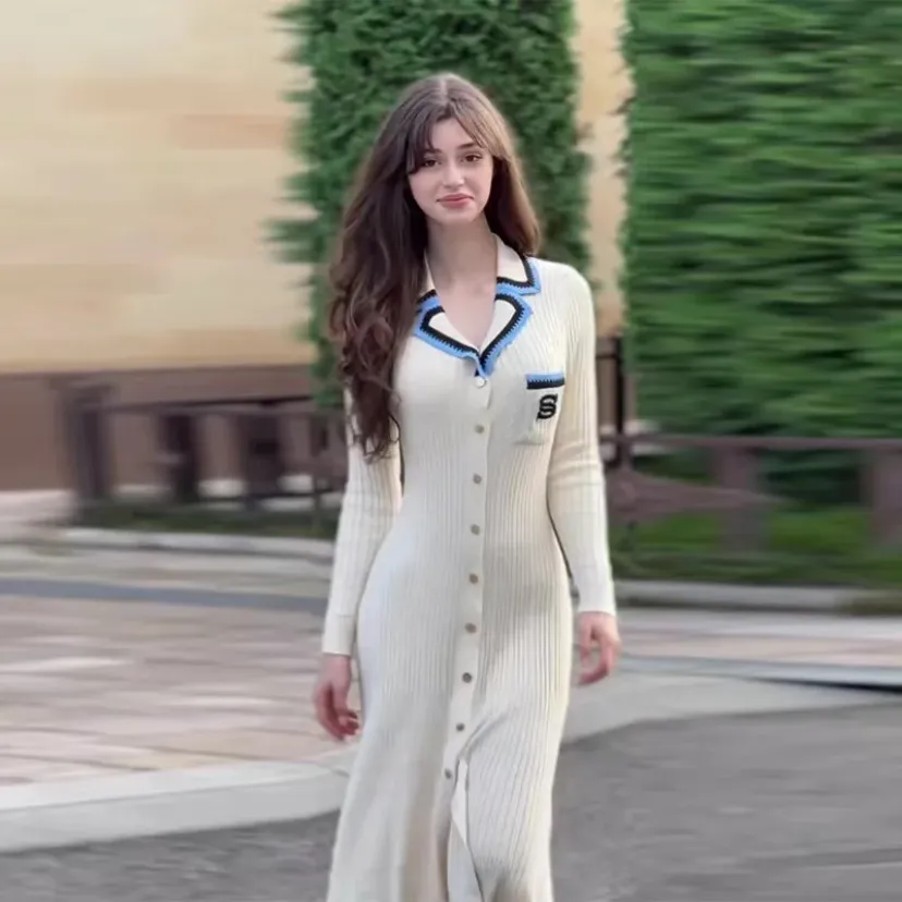 Knitted dress with collar and buttons, women's knitted dresses