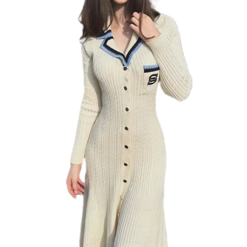 Knitted dress with collar and buttons, women's knitted dresses