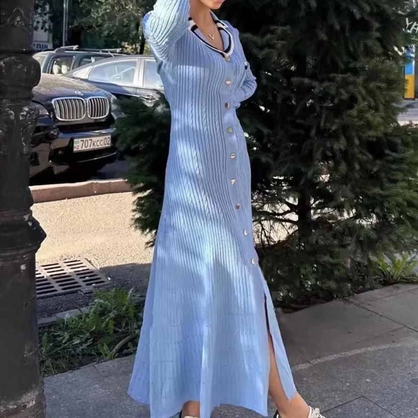 Knitted dress with collar and buttons, women's knitted dresses
