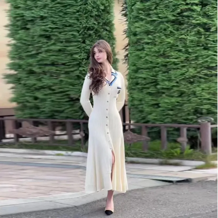Knitted dress with collar and buttons, women's knitted dresses