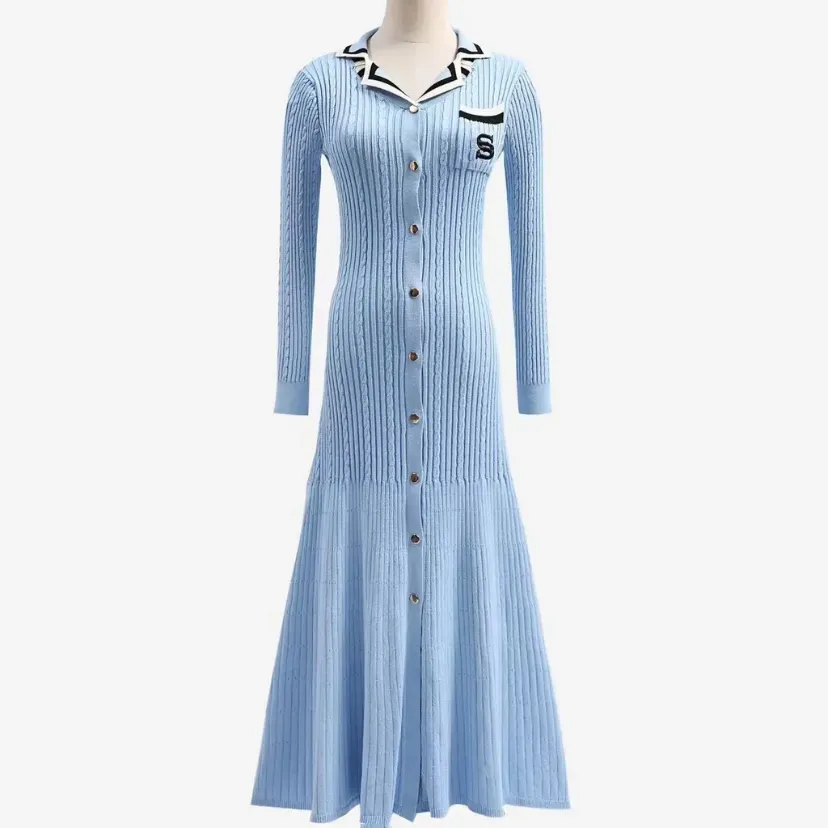 Knitted dress with collar and buttons, women's knitted dresses
