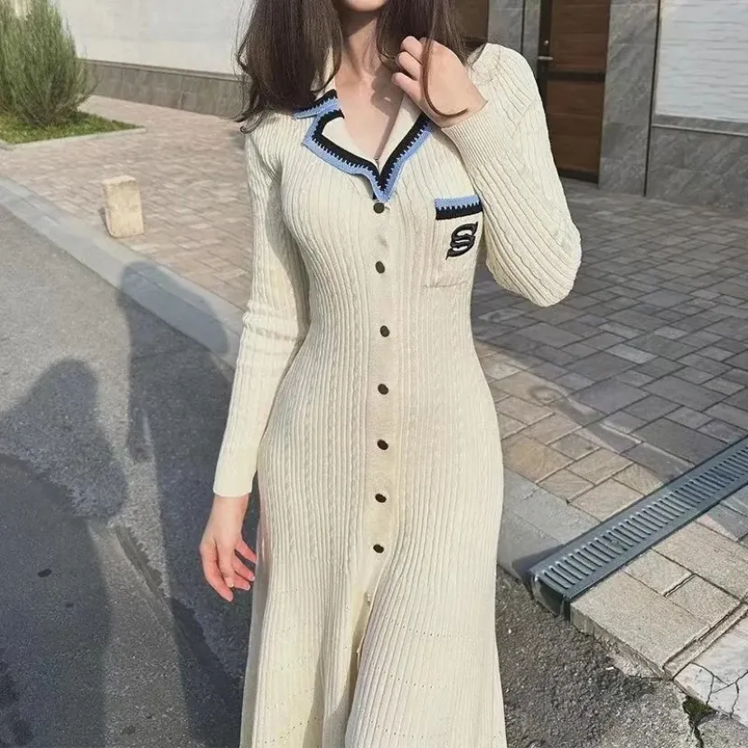 Knitted dress with collar and buttons, women's knitted dresses