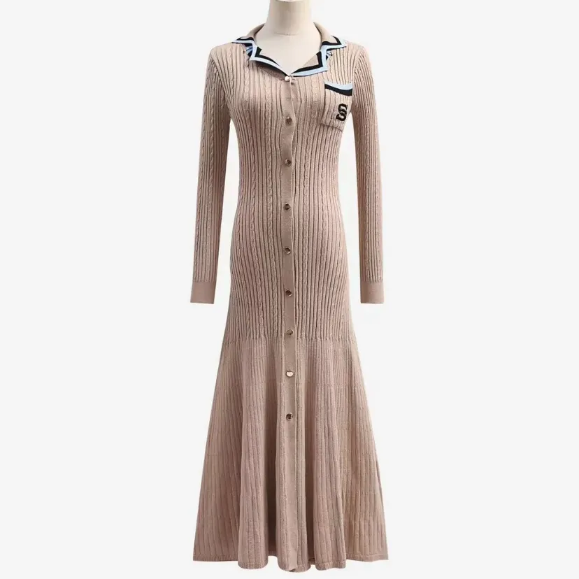 Knitted dress with collar and buttons, women's knitted dresses